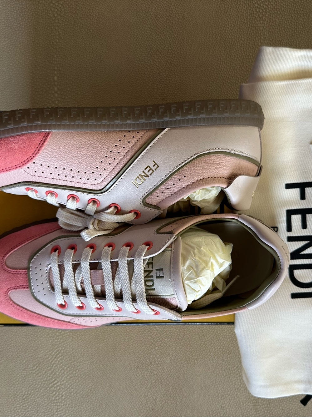 Fendi Pink & Beige Leather Suede Low-Top Sneakers - Picture 2 of 8